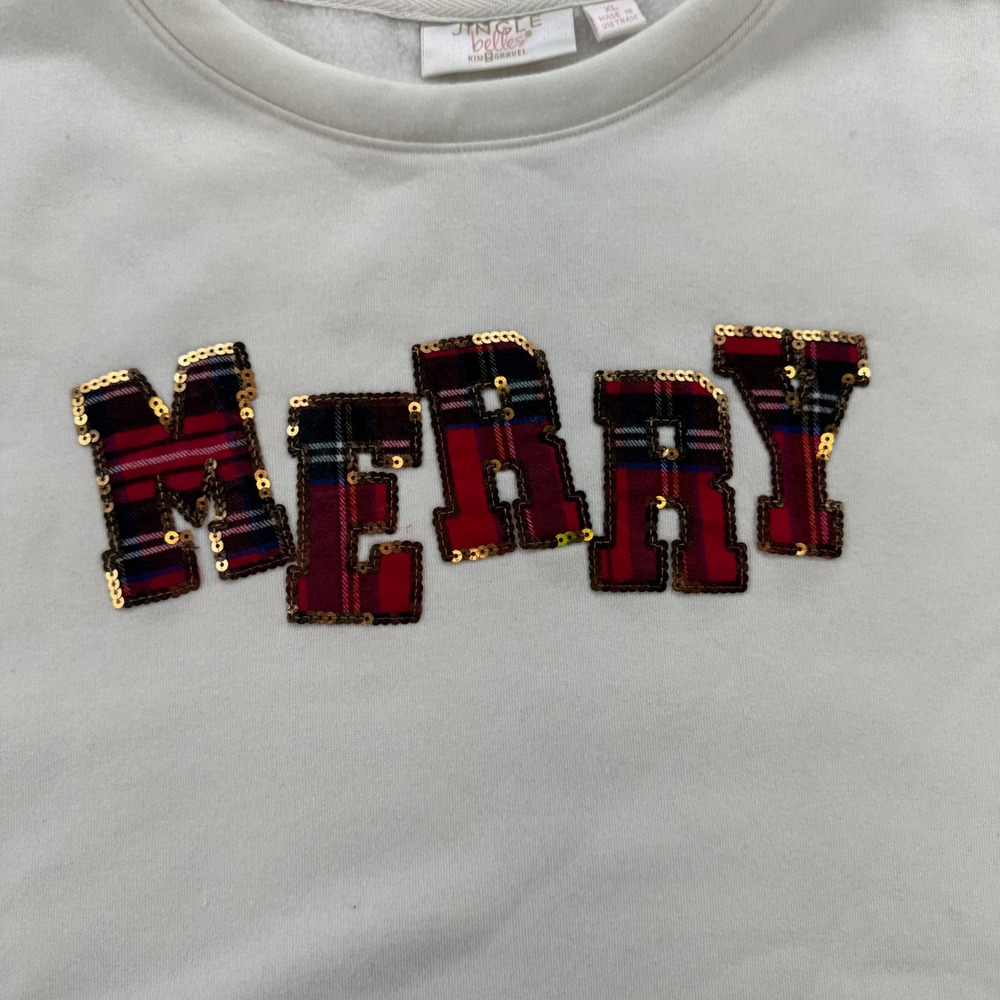 Jingle Belles Kim Gravel Merry Christmas Sweatshirt XL Cream Plaid Sequin Fleece - Picture 6 of 8